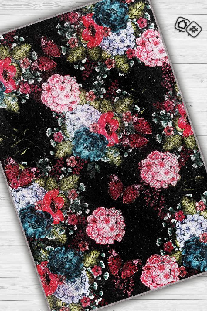 Homshtag Mutlu Çiçek Desenli Salon Halısı Siyah Renkli Oturma Odası Halısı Çiçek Desenli Modern Halı