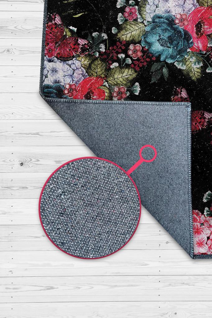 Homshtag Mutlu Çiçek Desenli Salon Halısı Siyah Renkli Oturma Odası Halısı Çiçek Desenli Modern Halı