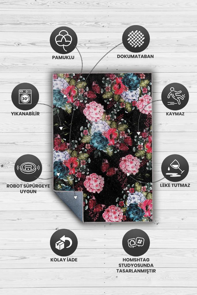 Homshtag Mutlu Çiçek Desenli Salon Halısı Siyah Renkli Oturma Odası Halısı Çiçek Desenli Modern Halı