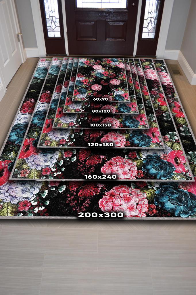 Homshtag Mutlu Çiçek Desenli Salon Halısı Siyah Renkli Oturma Odası Halısı Çiçek Desenli Modern Halı