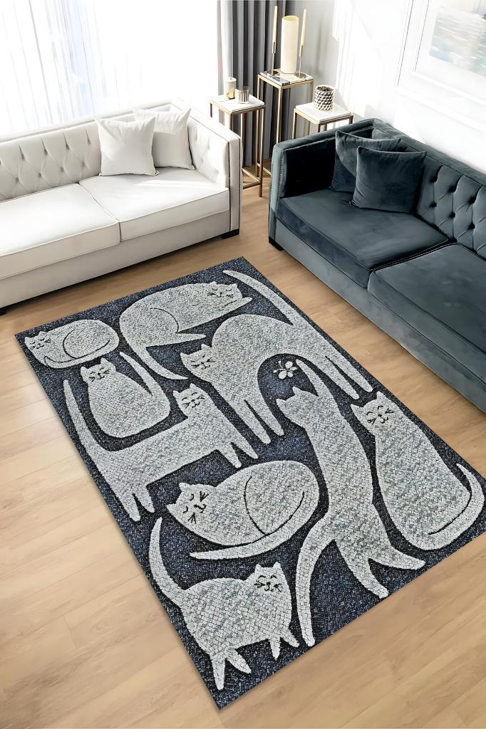 Homshtag Mutlu Kediler Gri Renkli Kedi Sever Halısı Minimal Tarzlı Genç Odası HalısıModern Halı
