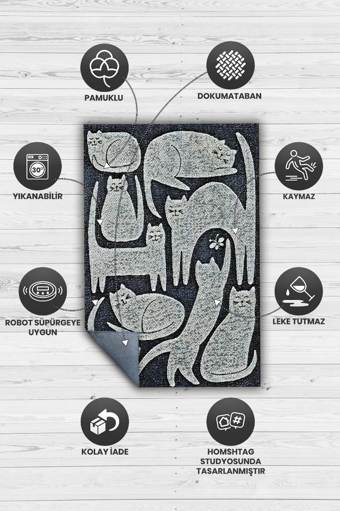 Homshtag Mutlu Kediler Gri Renkli Kedi Sever Halısı Minimal Tarzlı Genç Odası HalısıModern Halı
