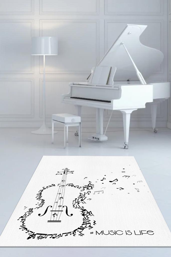 Homshtag Müzik Hayattır Art Müzik Halısı Beyaz Renkli Müzik Halısı Gitar Figürlü Beyaz Modern Halı
