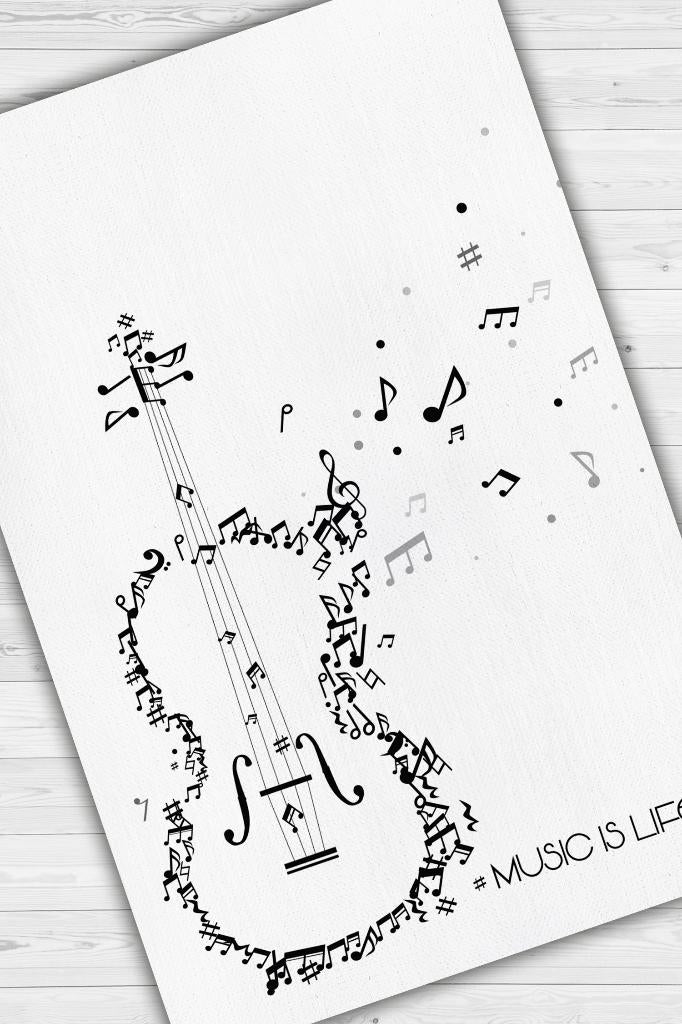 Homshtag Müzik Hayattır Art Müzik Halısı Beyaz Renkli Müzik Halısı Gitar Figürlü Beyaz Modern Halı