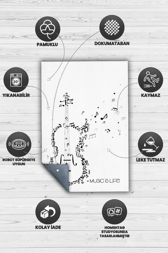Homshtag Müzik Hayattır Art Müzik Halısı Beyaz Renkli Müzik Halısı Gitar Figürlü Beyaz Modern Halı