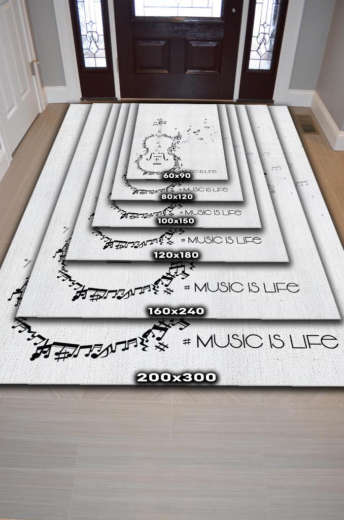 Homshtag Müzik Hayattır Art Müzik Halısı Beyaz Renkli Müzik Halısı Gitar Figürlü Beyaz Modern Halı