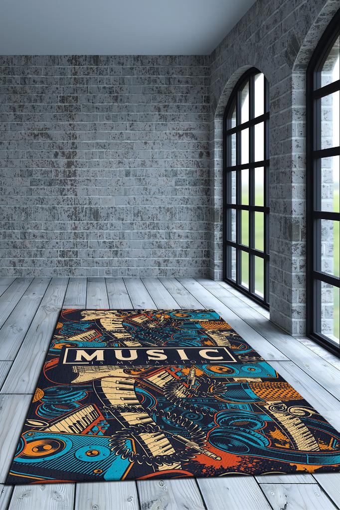 Homshtag Müzik Tutkum Art Müzik Halısı Rock Müzik Halısı Elektro Gitar Figürlü Renkli Modern Halı