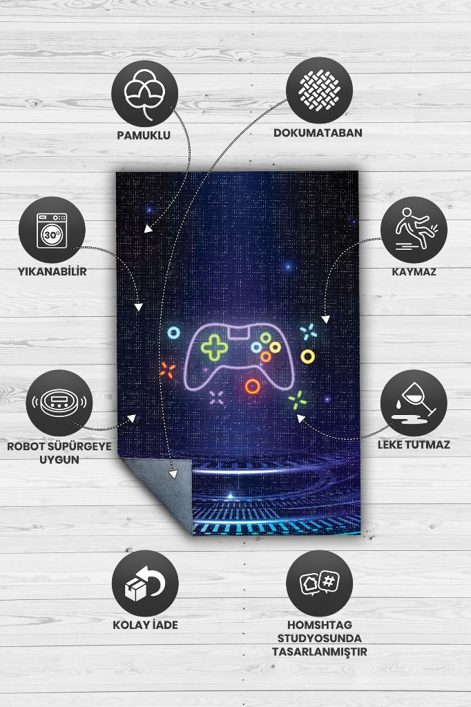 Homshtag Neon Gamer Siyah Renk Oyuncu Halısı Neon Renk Gamer Temalı Halı Oyuncuya Hediye Halı