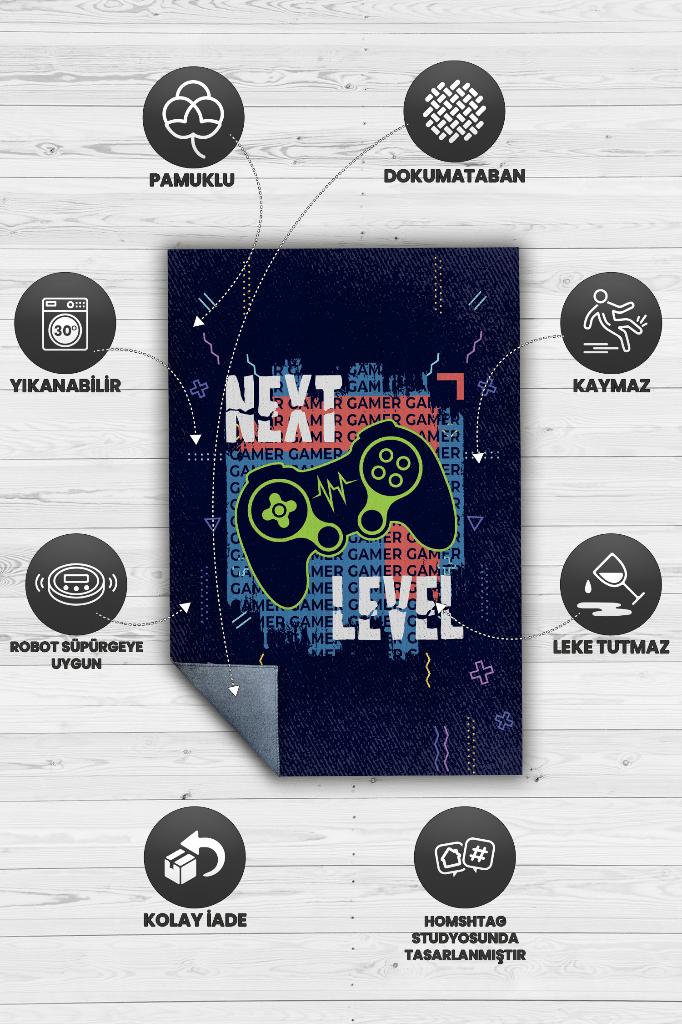 Homshtag Next Level Lacivert Oyuncu Halısı Gamer Özel Tasarım Halı Oyuncuya Hediye Çok Renkli Halı