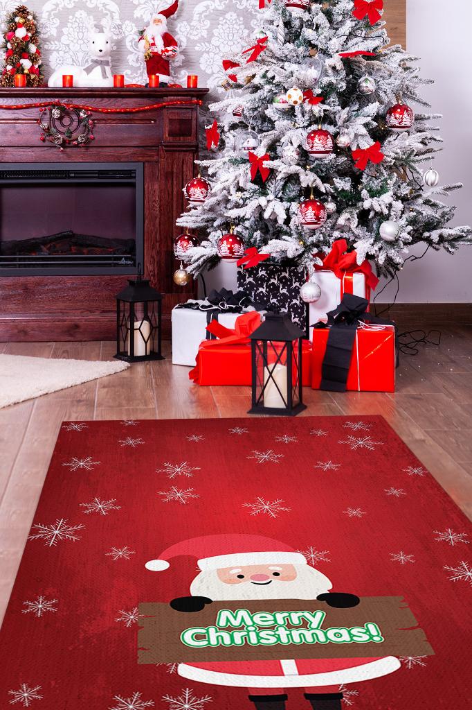 Homshtag Noel Baba Kırmızı Renkli Yeni Yıl Parti Halısı Yılbaşı Hediyelik Halı Yeni Yıl Temalı Halı