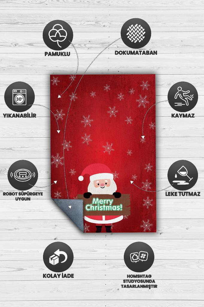 Homshtag Noel Baba Kırmızı Renkli Yeni Yıl Parti Halısı Yılbaşı Hediyelik Halı Yeni Yıl Temalı Halı