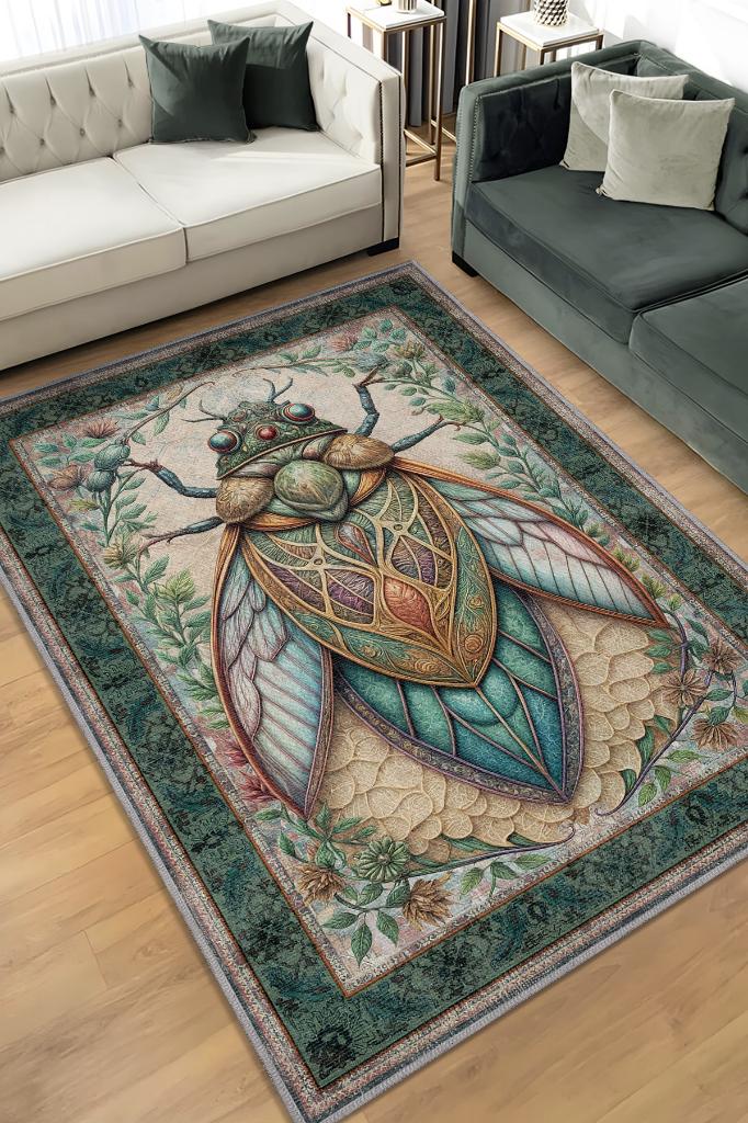 Homshtag Nuh'un Gemisi Koleksiyonu Ağustos Böceği Temalı Çiçekli Çok Renkli Bordürlü Konsept Halı