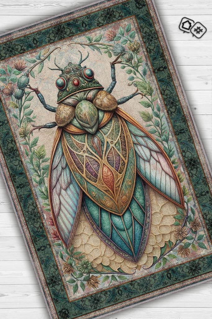 Homshtag Nuh'un Gemisi Koleksiyonu Ağustos Böceği Temalı Çiçekli Çok Renkli Bordürlü Konsept Halı