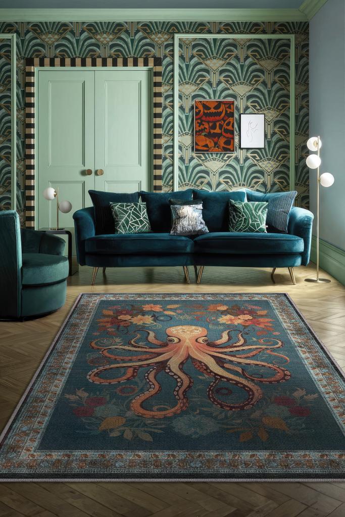 Homshtag Nuh'un Gemisi Koleksiyonu Ahtapot Çiçek Desenli Temalı Vintage Renkli Maksimalist Halı