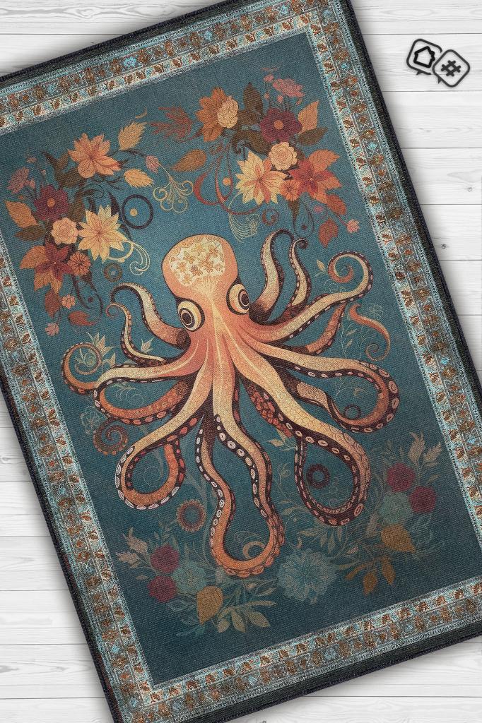 Homshtag Nuh'un Gemisi Koleksiyonu Ahtapot Çiçek Desenli Temalı Vintage Renkli Maksimalist Halı