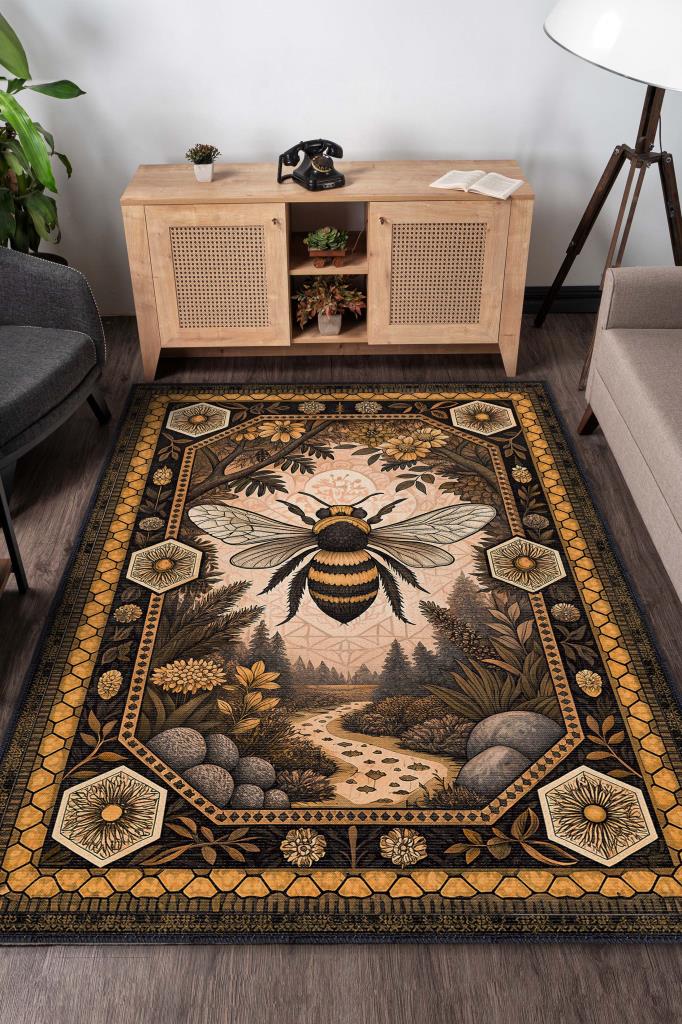 Homshtag Nuh'un Gemisi Koleksiyonu Arı Temalı Çiçekli Siyah Sarı Renkli Bordürlü Şık Konsept Halı