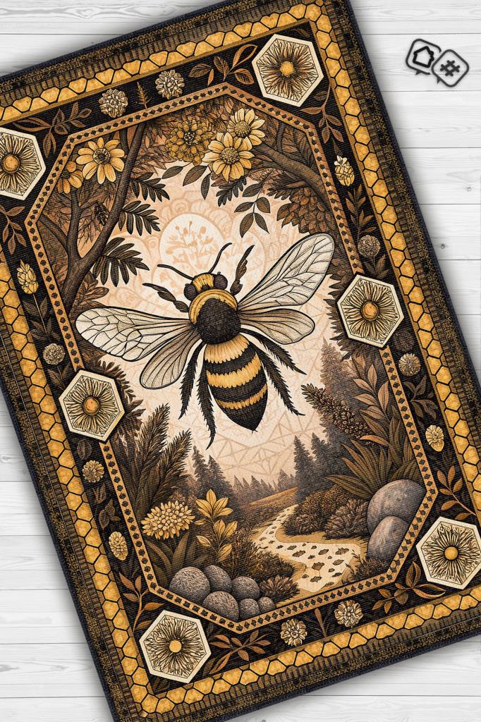 Homshtag Nuh'un Gemisi Koleksiyonu Arı Temalı Çiçekli Siyah Sarı Renkli Bordürlü Şık Konsept Halı