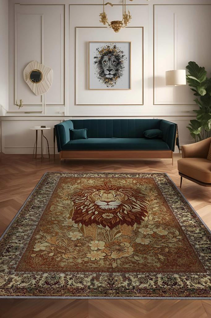 Homshtag Nuh'un Gemisi Koleksiyonu Aslan, Çiçek Desenli Art Deco Tarzı Vintage Halı,Çok Renkli Maksimalist Halı