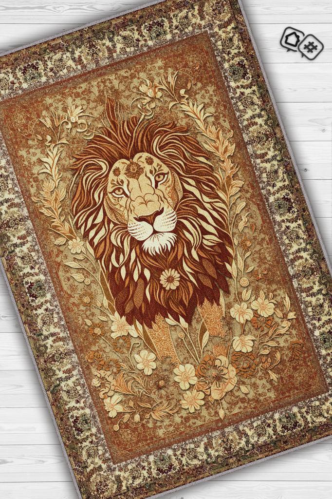 Homshtag Nuh'un Gemisi Koleksiyonu Aslan, Çiçek Desenli Art Deco Tarzı Vintage Halı,Çok Renkli Maksimalist Halı