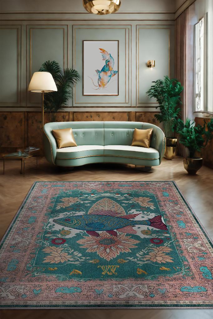 Homshtag Nuh'un Gemisi Koleksiyonu Balık, Çiçek Desenli Art Deco Tarzı Vintage Halı,Çok Renkli Maksimalist Halı