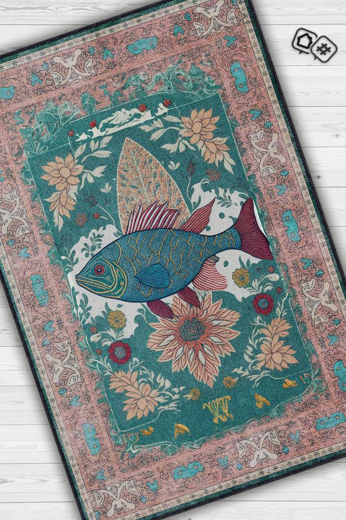 Homshtag Nuh'un Gemisi Koleksiyonu Balık, Çiçek Desenli Art Deco Tarzı Vintage Halı,Çok Renkli Maksimalist Halı