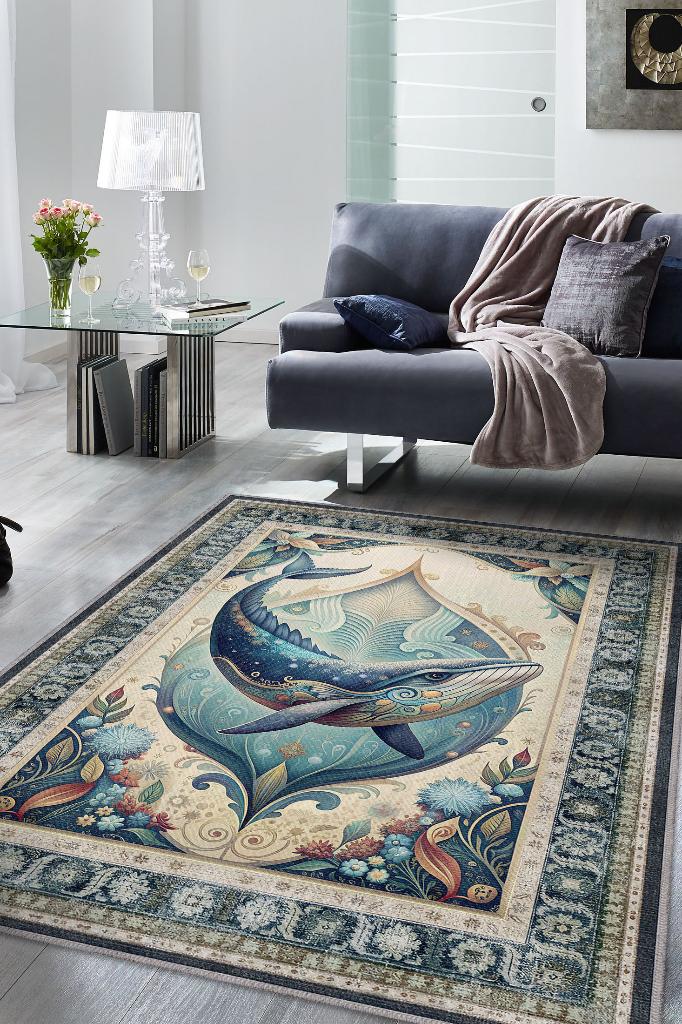 Homshtag Nuh'un Gemisi Koleksiyonu Balina Çiçek Temalı Vintage Renkli Maksimalist Halı