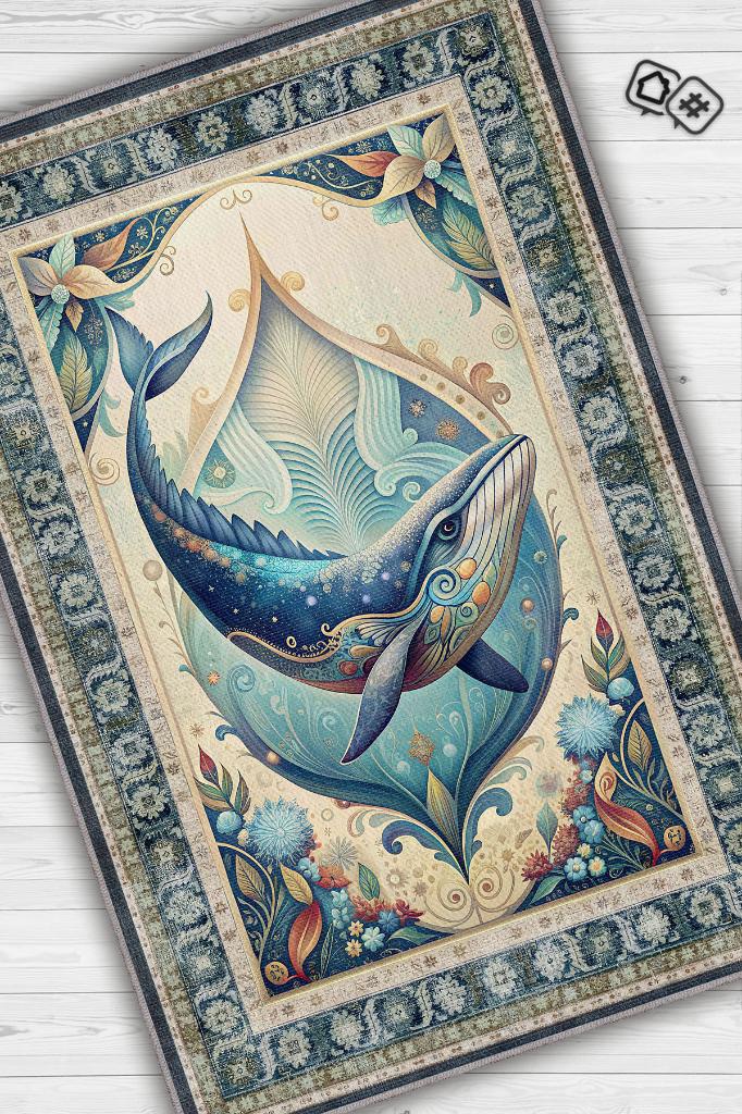 Homshtag Nuh'un Gemisi Koleksiyonu Balina Çiçek Temalı Vintage Renkli Maksimalist Halı
