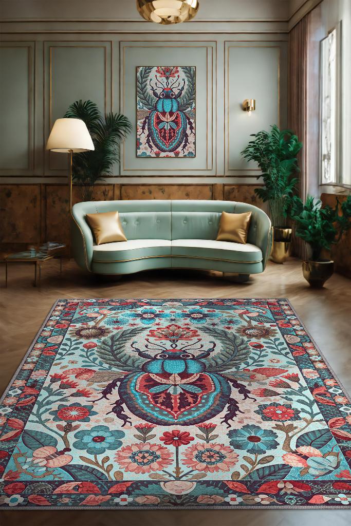 Homshtag Nuh'un Gemisi Koleksiyonu Böcek Temalı Çiçek Desenli Vintage Renkli Bordürlü Konsept Halı