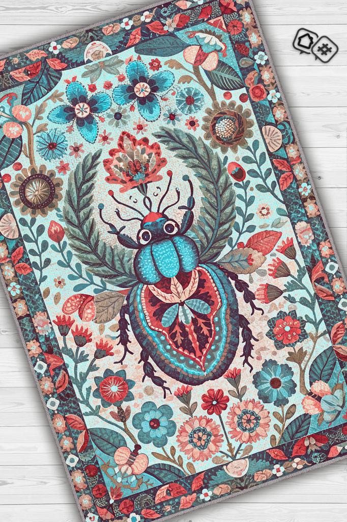 Homshtag Nuh'un Gemisi Koleksiyonu Böcek Temalı Çiçek Desenli Vintage Renkli Bordürlü Konsept Halı