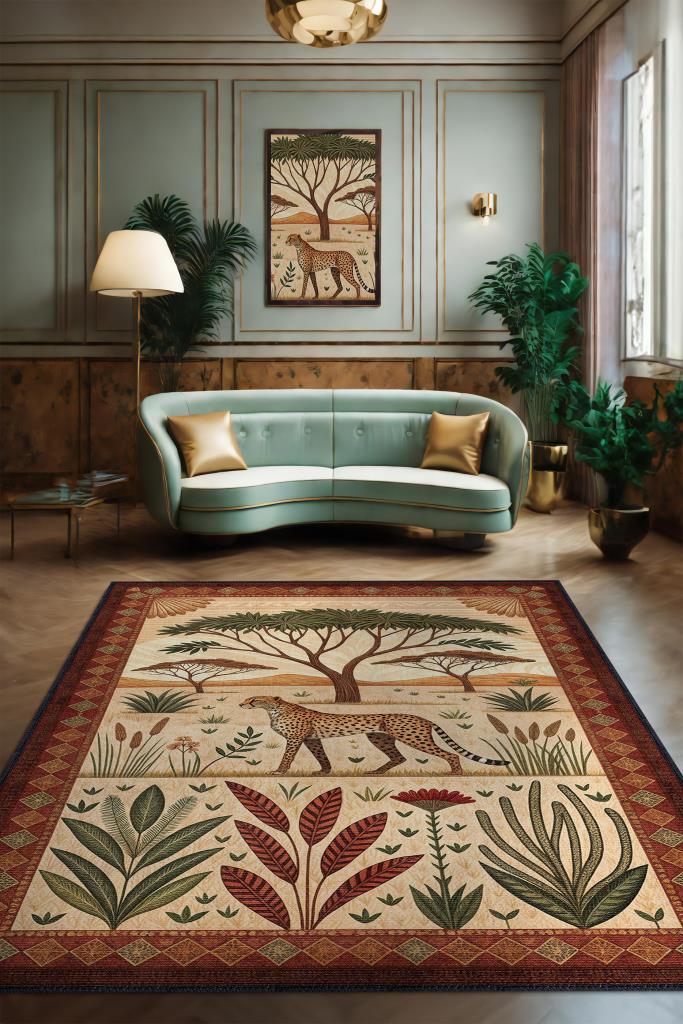 Homshtag Nuh'un Gemisi Koleksiyonu Çita Temalı Çiçekli Çok Renkli Bordürlü Şık Konsept Halı