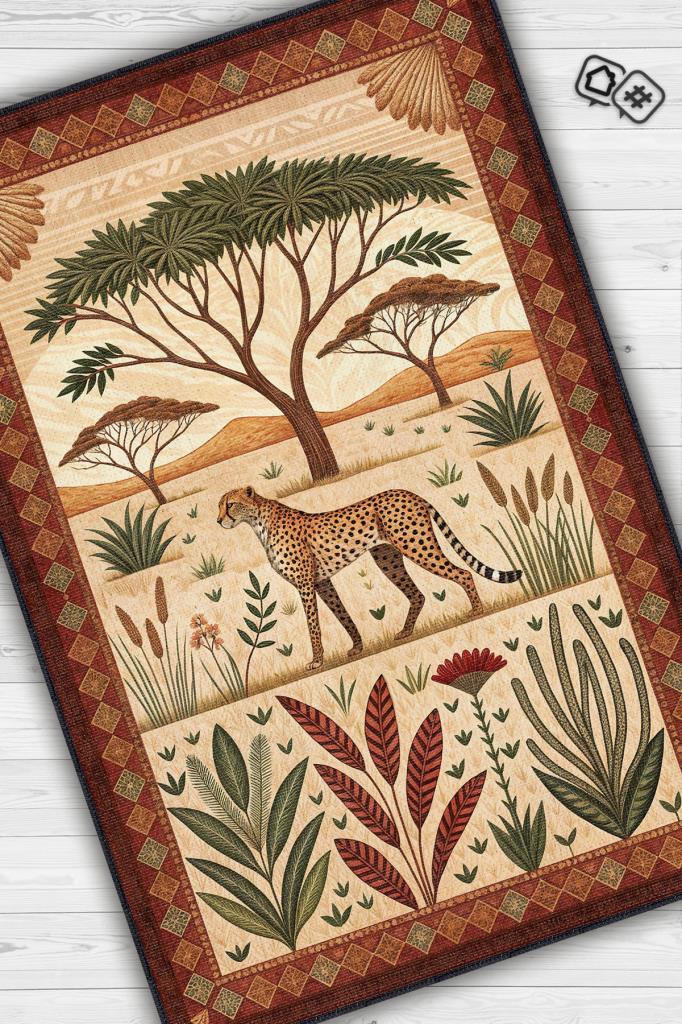 Homshtag Nuh'un Gemisi Koleksiyonu Çita Temalı Çiçekli Çok Renkli Bordürlü Şık Konsept Halı