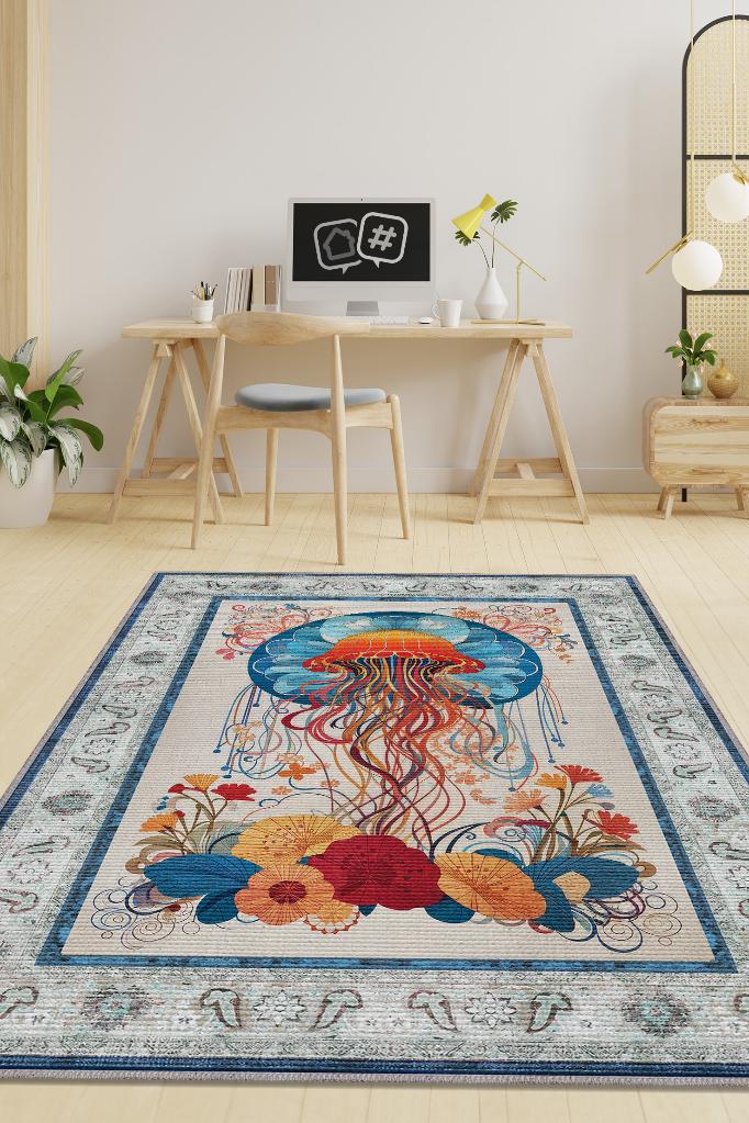 Homshtag Nuh'un Gemisi Koleksiyonu Deniz Anası Çiçek Desenli Temalı Vintage Renkli Maksimalist Halı