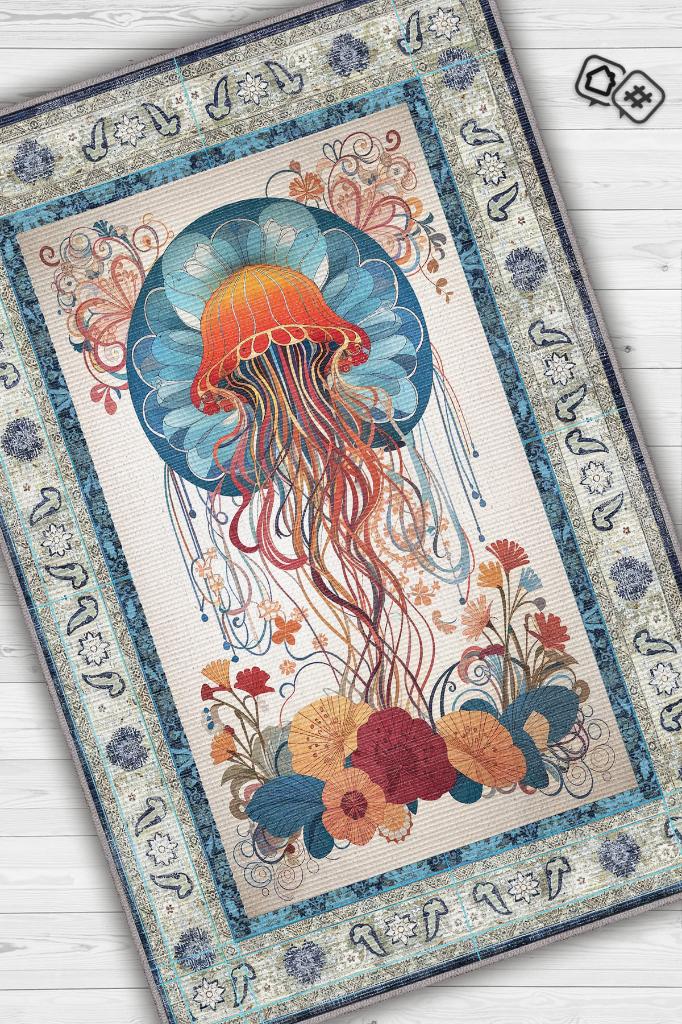 Homshtag Nuh'un Gemisi Koleksiyonu Deniz Anası Çiçek Desenli Temalı Vintage Renkli Maksimalist Halı