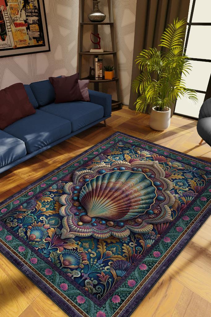 Homshtag Nuh'un Gemisi Koleksiyonu Deniz Kabuğu Çiçek Temalı Vintage Renkli Maksimalist Halı