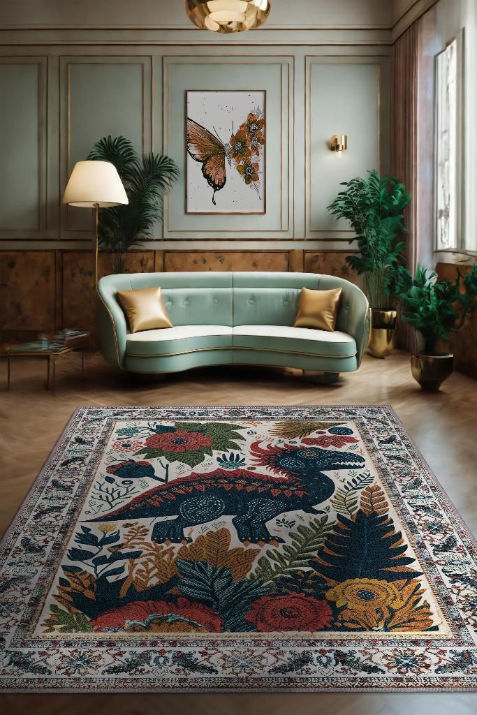 Homshtag Nuh'un Gemisi Koleksiyonu Dinozor, Çiçek Desenli Art Deco Tarzı Vintage Halı,Çok Renkli Maksimalist Halı
