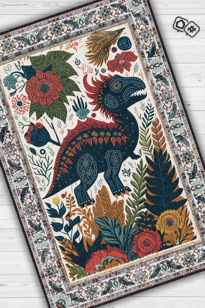 Homshtag Nuh'un Gemisi Koleksiyonu Dinozor, Çiçek Desenli Art Deco Tarzı Vintage Halı,Çok Renkli Maksimalist Halı