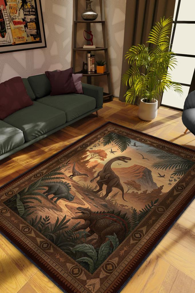 Homshtag Nuh'un Gemisi Koleksiyonu Dinozor Temalı Çiçekli Çok Renkli Bordürlü Şık Konsept Halı