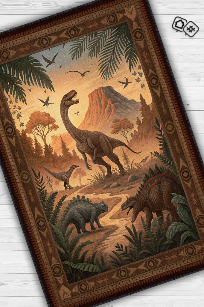 Homshtag Nuh'un Gemisi Koleksiyonu Dinozor Temalı Çiçekli Çok Renkli Bordürlü Şık Konsept Halı