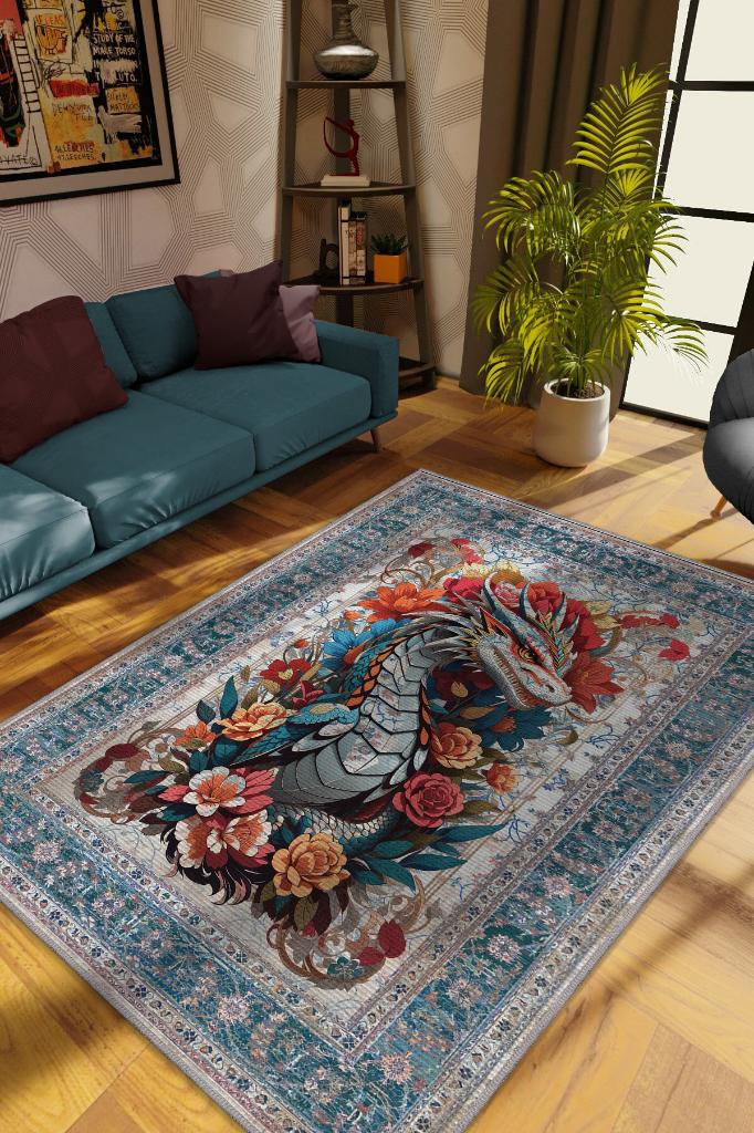 Homshtag Nuh'un Gemisi Koleksiyonu Ejderha Çiçek Desenli Temalı Vintage Renkli Maksimalist Halı