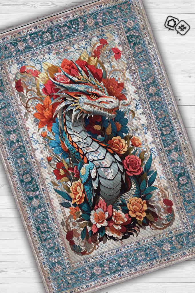 Homshtag Nuh'un Gemisi Koleksiyonu Ejderha Çiçek Desenli Temalı Vintage Renkli Maksimalist Halı