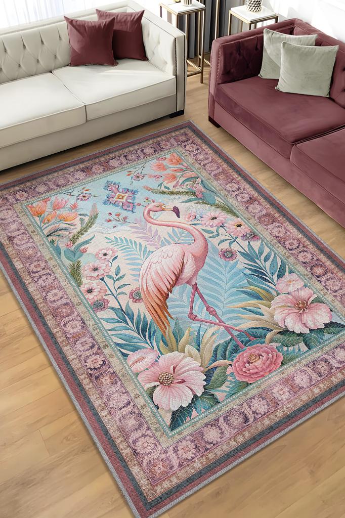 Homshtag Nuh'un Gemisi Koleksiyonu Flamingo Temalı Çiçek Desenli Vintage Pembe Renkli Konsept Halı