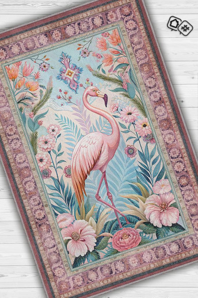 Homshtag Nuh'un Gemisi Koleksiyonu Flamingo Temalı Çiçek Desenli Vintage Pembe Renkli Konsept Halı