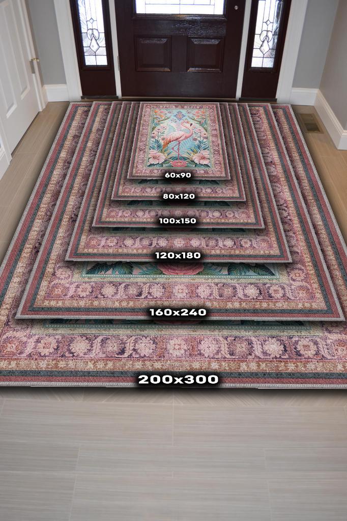 Homshtag Nuh'un Gemisi Koleksiyonu Flamingo Temalı Çiçek Desenli Vintage Pembe Renkli Konsept Halı