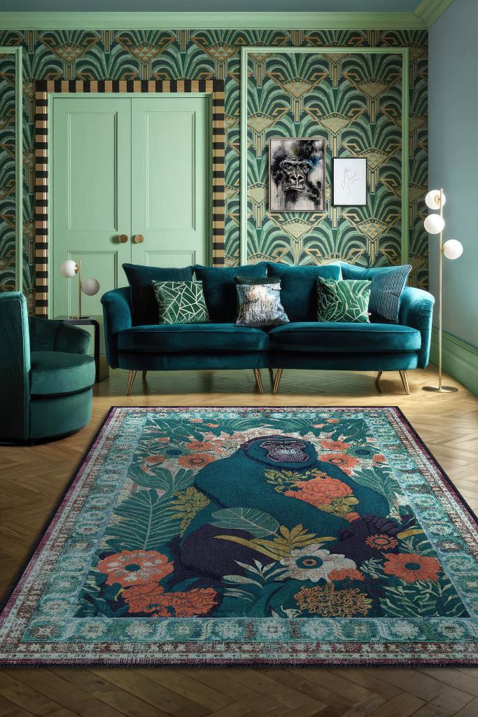 Homshtag Nuh'un Gemisi Koleksiyonu Goril, Çiçek Desenli Art Deco Tarzı Vintage Halı,Çok Renkli Maksimalist Halı