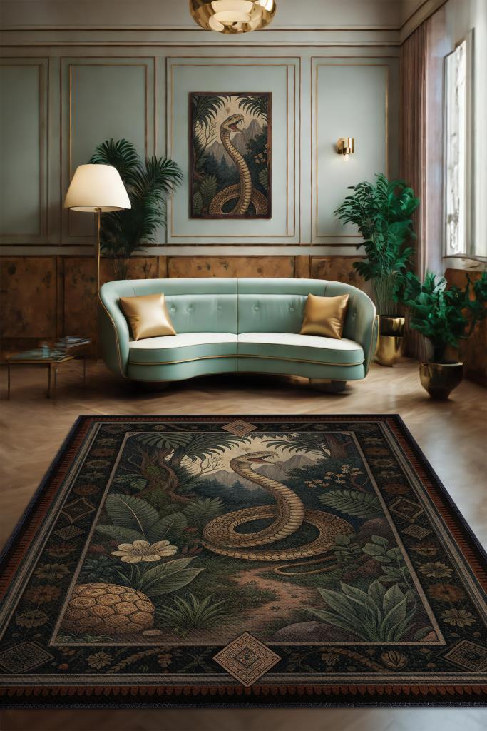 Homshtag Nuh'un Gemisi Koleksiyonu Gotik Yılan Temalı Siyah Renkli Bordürlü Şık Konsept Halı