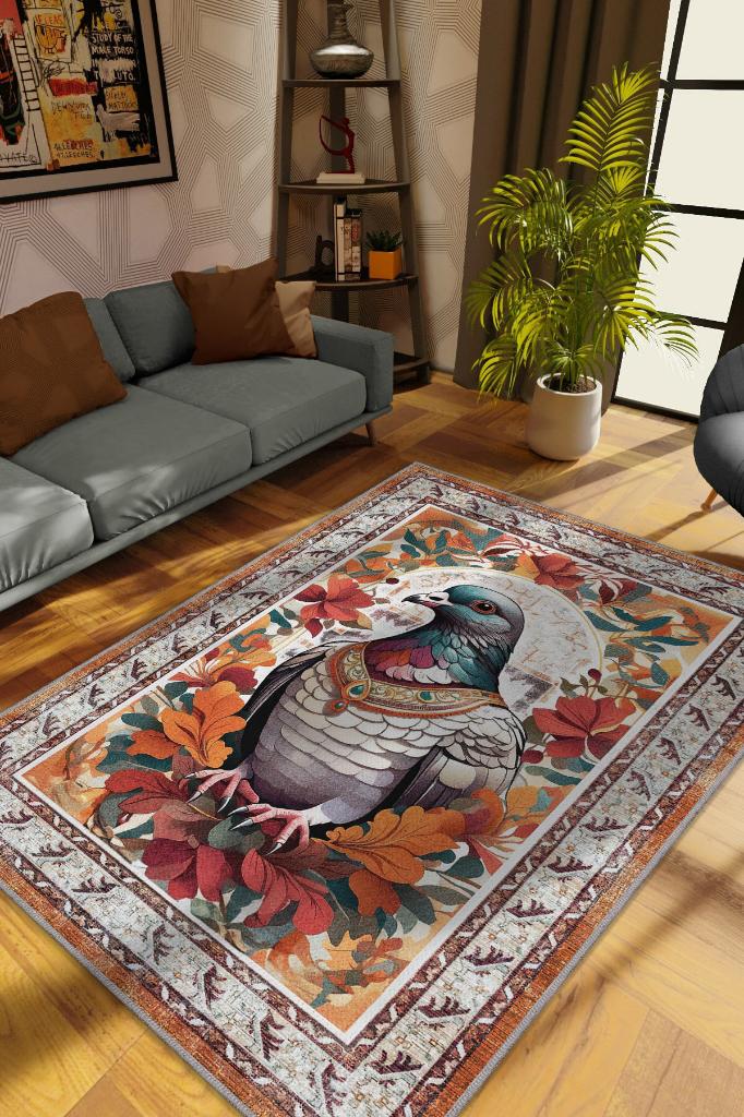Homshtag Nuh'un Gemisi Koleksiyonu Güvercin Çiçek Desenli Temalı Vintage Renkli Maksimalist Halı
