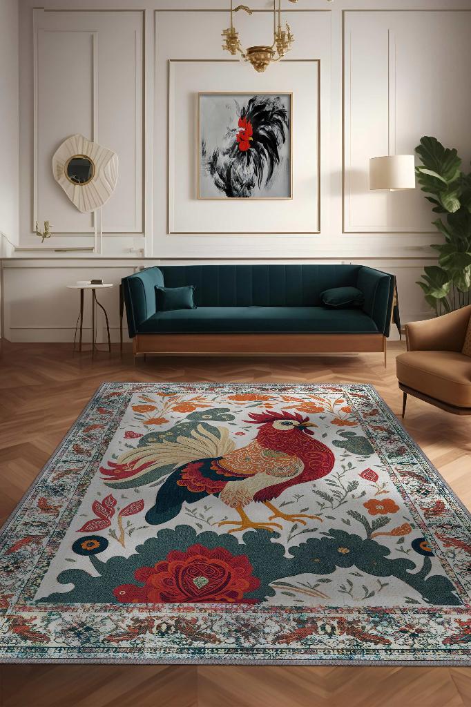 Homshtag Nuh'un Gemisi Koleksiyonu Horoz, Çiçek Desenli Art Deco Tarzı Vintage Halı,Çok Renkli Maksimalist Halı