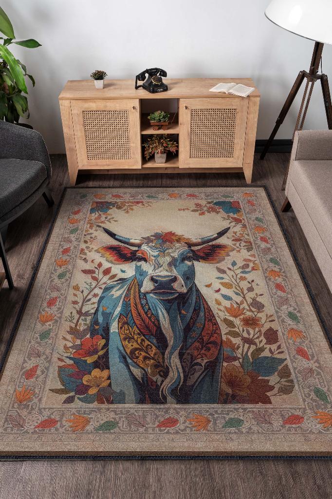 Homshtag Nuh'un Gemisi Koleksiyonu İnek Çiçek Desenli Temalı Vintage Renkli Maksimalist Halı