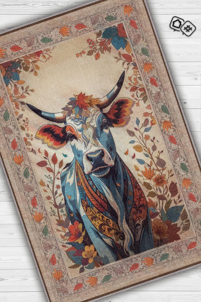 Homshtag Nuh'un Gemisi Koleksiyonu İnek Çiçek Desenli Temalı Vintage Renkli Maksimalist Halı