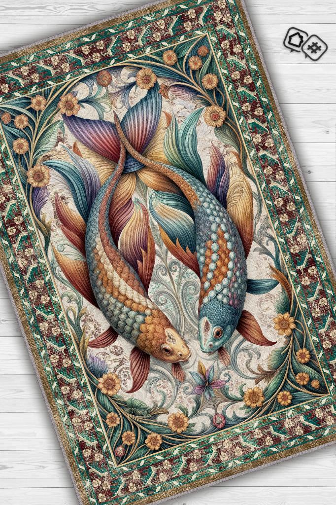 Homshtag Nuh'un Gemisi Koleksiyonu Japon Balığı Temalı Çiçekli Soft Renkli Bordürlü Konsept Halı